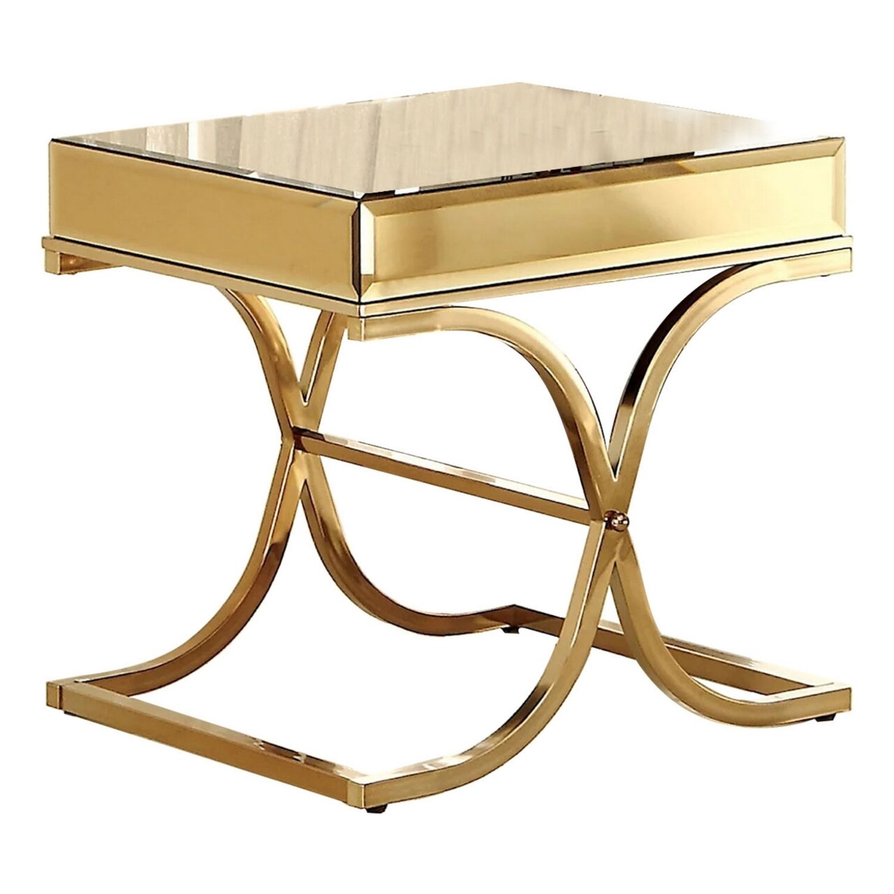 Saltoro Sherpi Gavin 24 Inch Side End Table, Mirrored Panels, Curved Crossed Base, Gold-